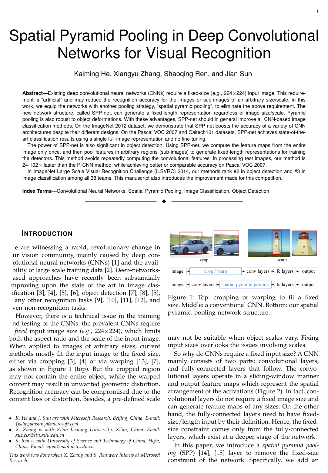 Spatial Pyramid Pooling in Deep Convolutional Networks for Visual Recognition