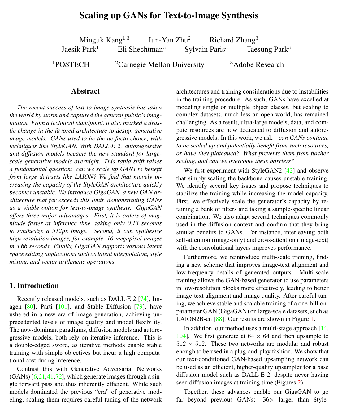 Scaling up GANs for Text-to-Image Synthesis