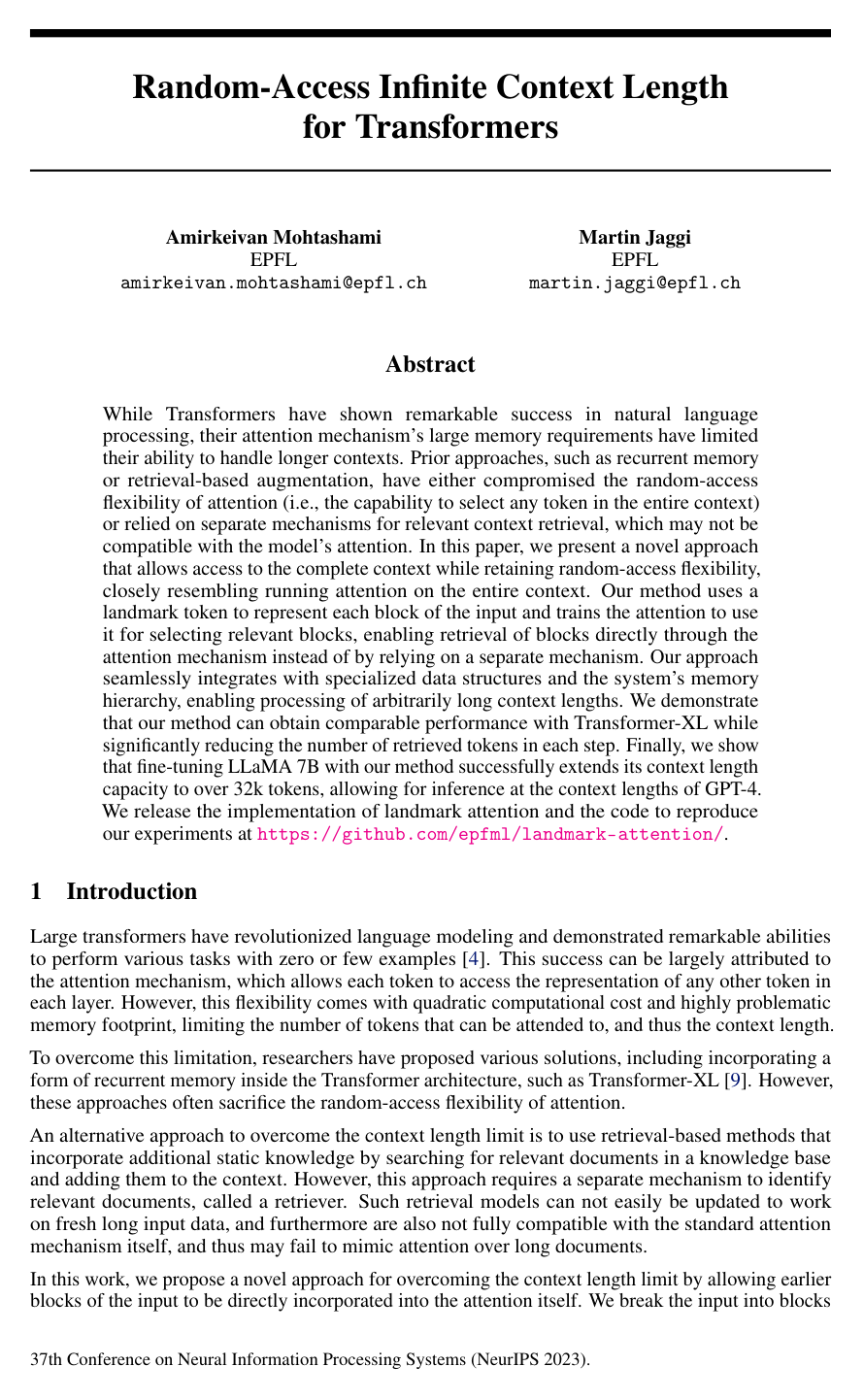 Random-Access Infinite Context Length for Transformers