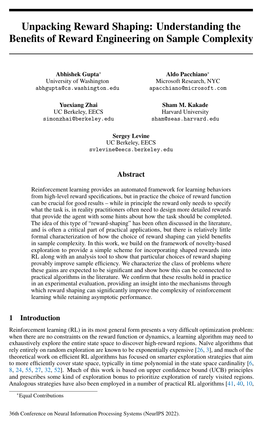 Cover for Unpacking Reward Shaping: Understanding the Benefits of Reward Engineering on Sample Complexity