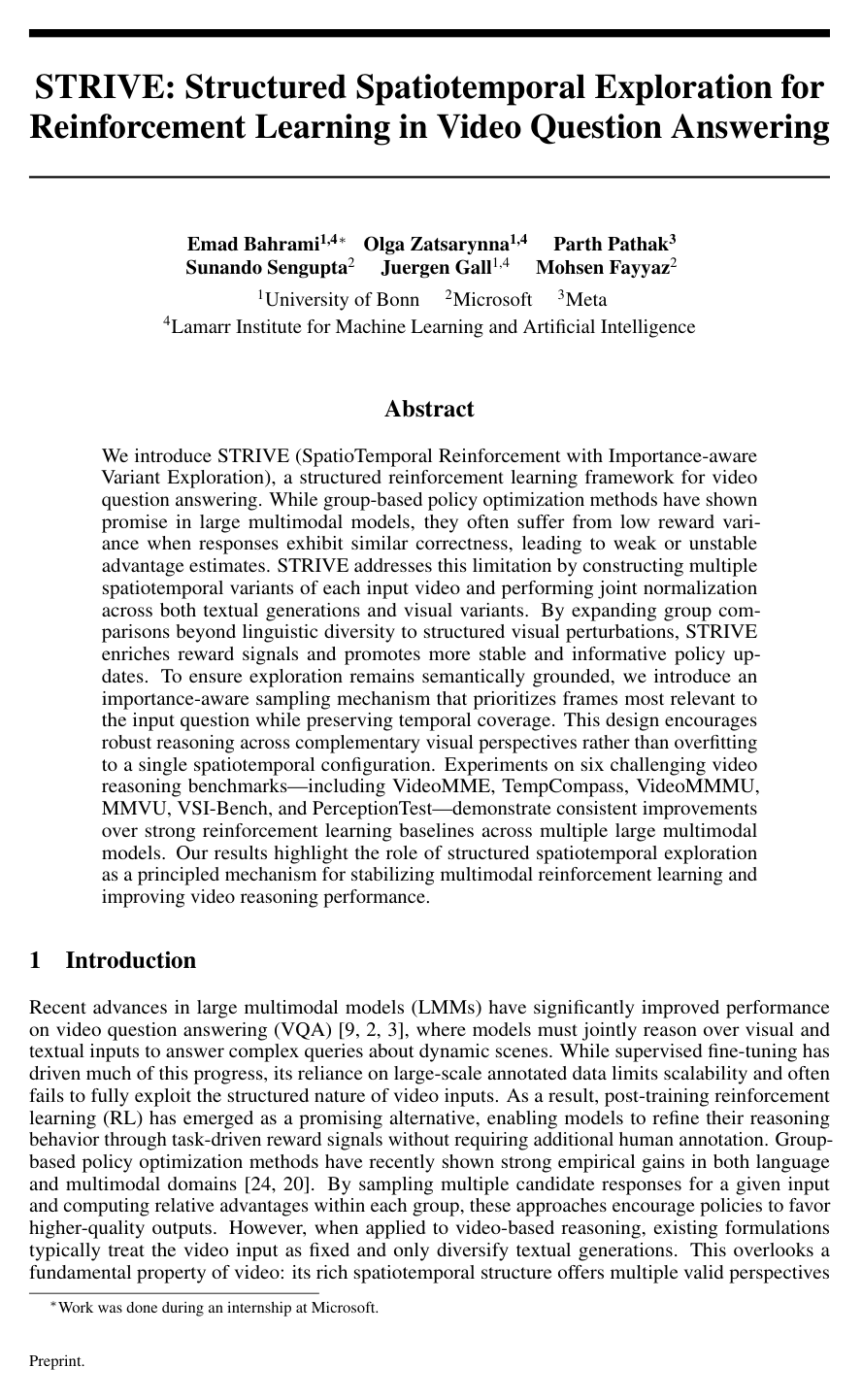 STRIVE: Structured Spatiotemporal Exploration for Reinforcement Learning in Video Question Answering