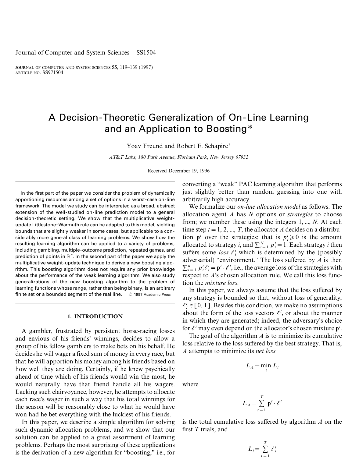 A Decision-Theoretic Generalization of On-Line Learning and an Application to Boosting