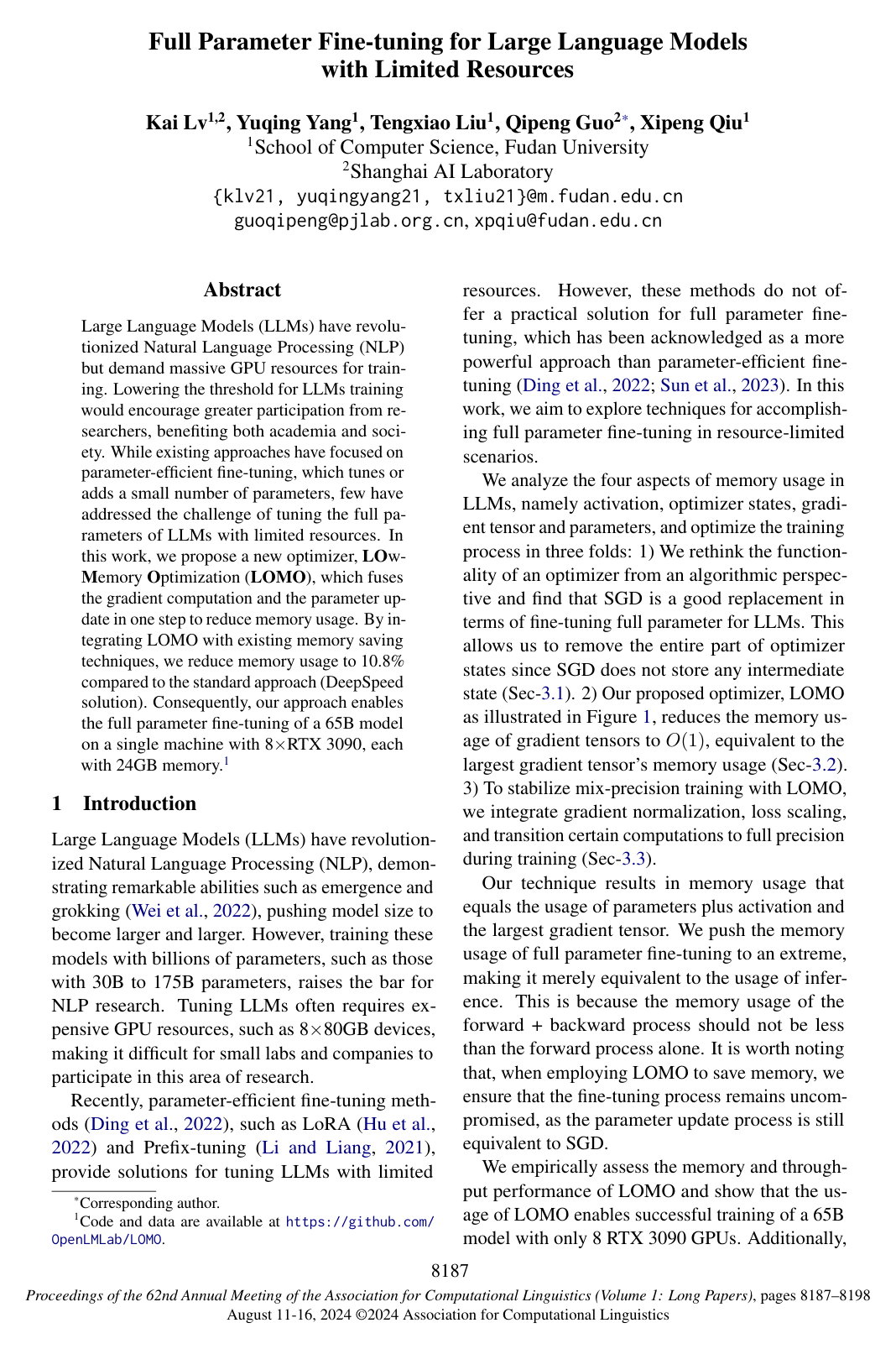 Full Parameter Fine-tuning for Large Language Models with Limited Resources