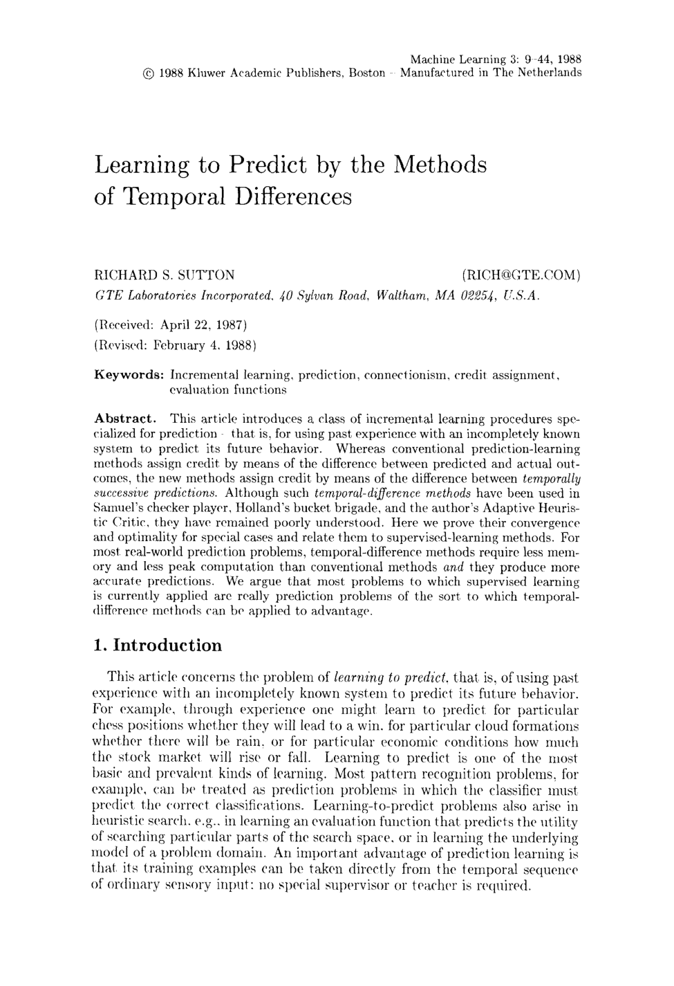 Learning to Predict by the Methods of Temporal Differences