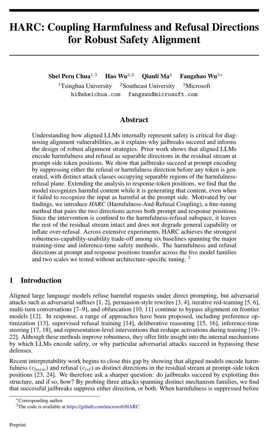 HARC: Coupling Harmfulness and Refusal Directions for Robust Safety Alignment