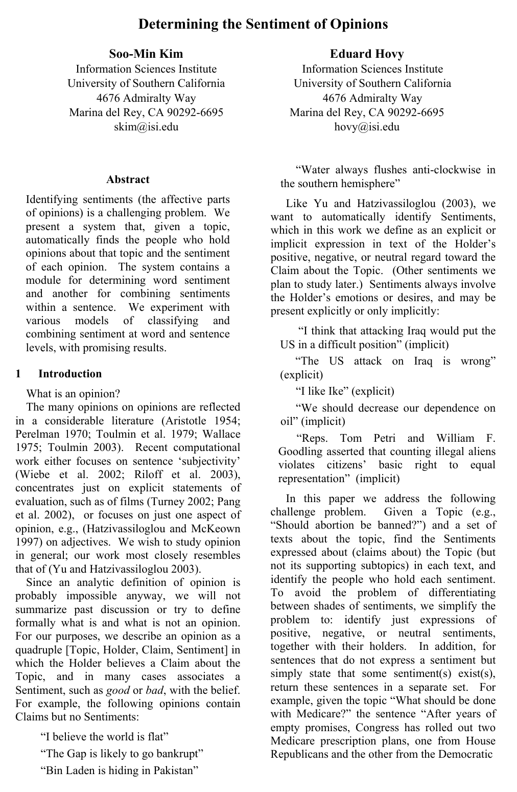 Cover for Determining the Sentiment of Opinions