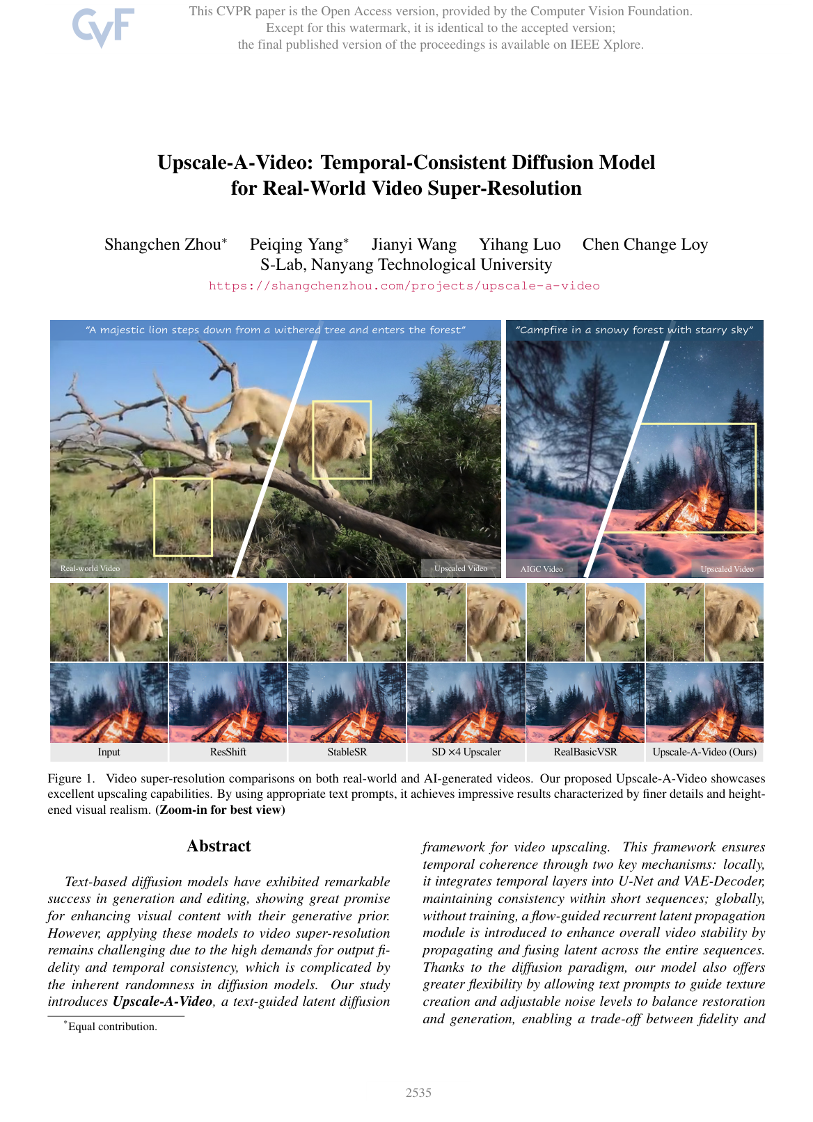 Cover for Upscale-A-Video: Temporal-Consistent Diffusion Model for Real-World Video Super-Resolution