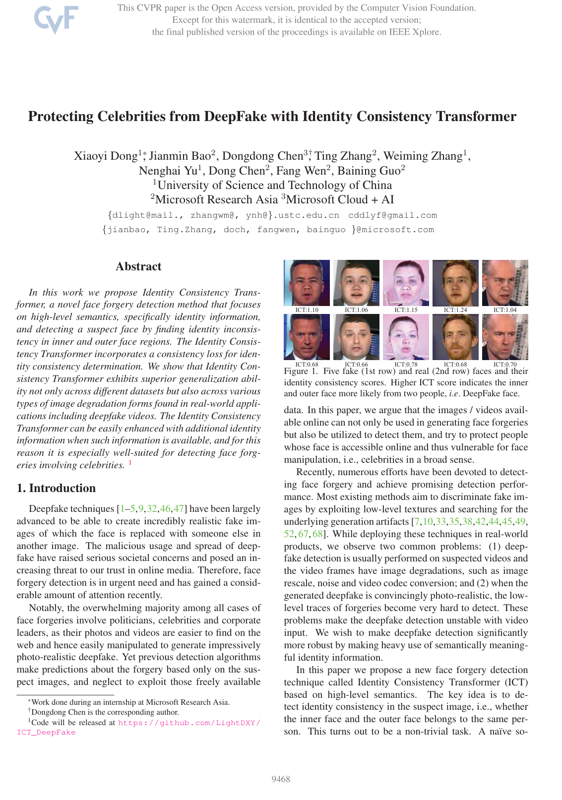 Cover for Protecting Celebrities from DeepFake with Identity Consistency Transformer