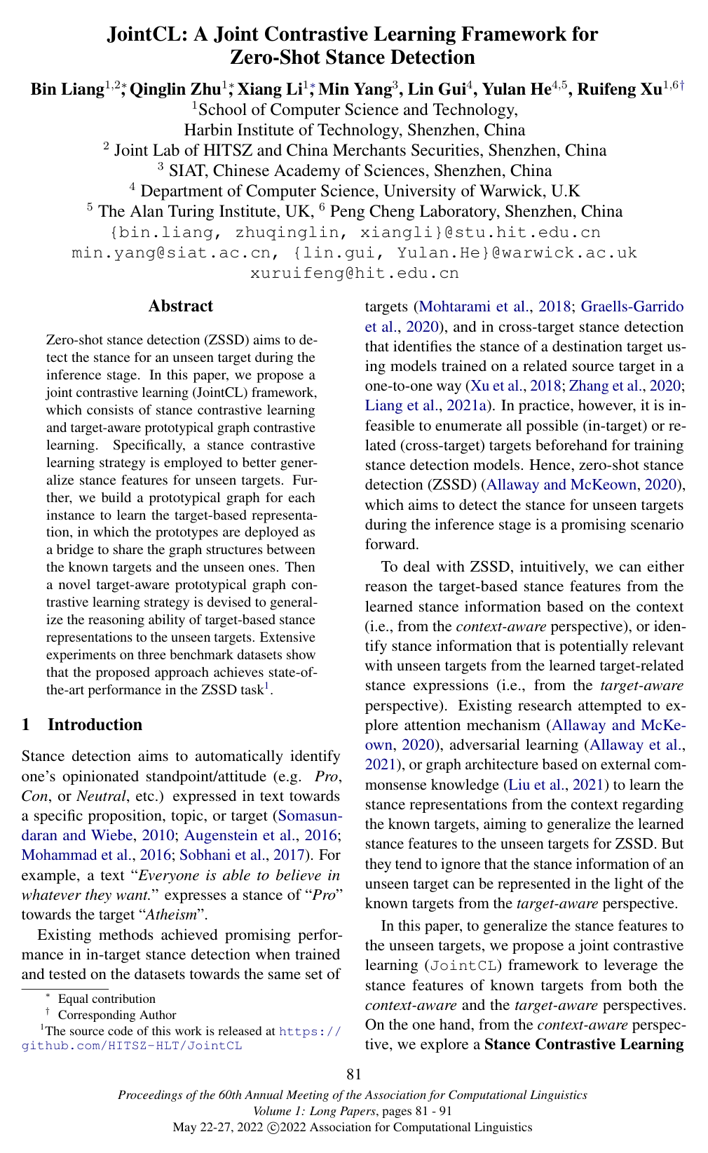 Cover for JointCL: A Joint Contrastive Learning Framework for Zero-Shot Stance Detection