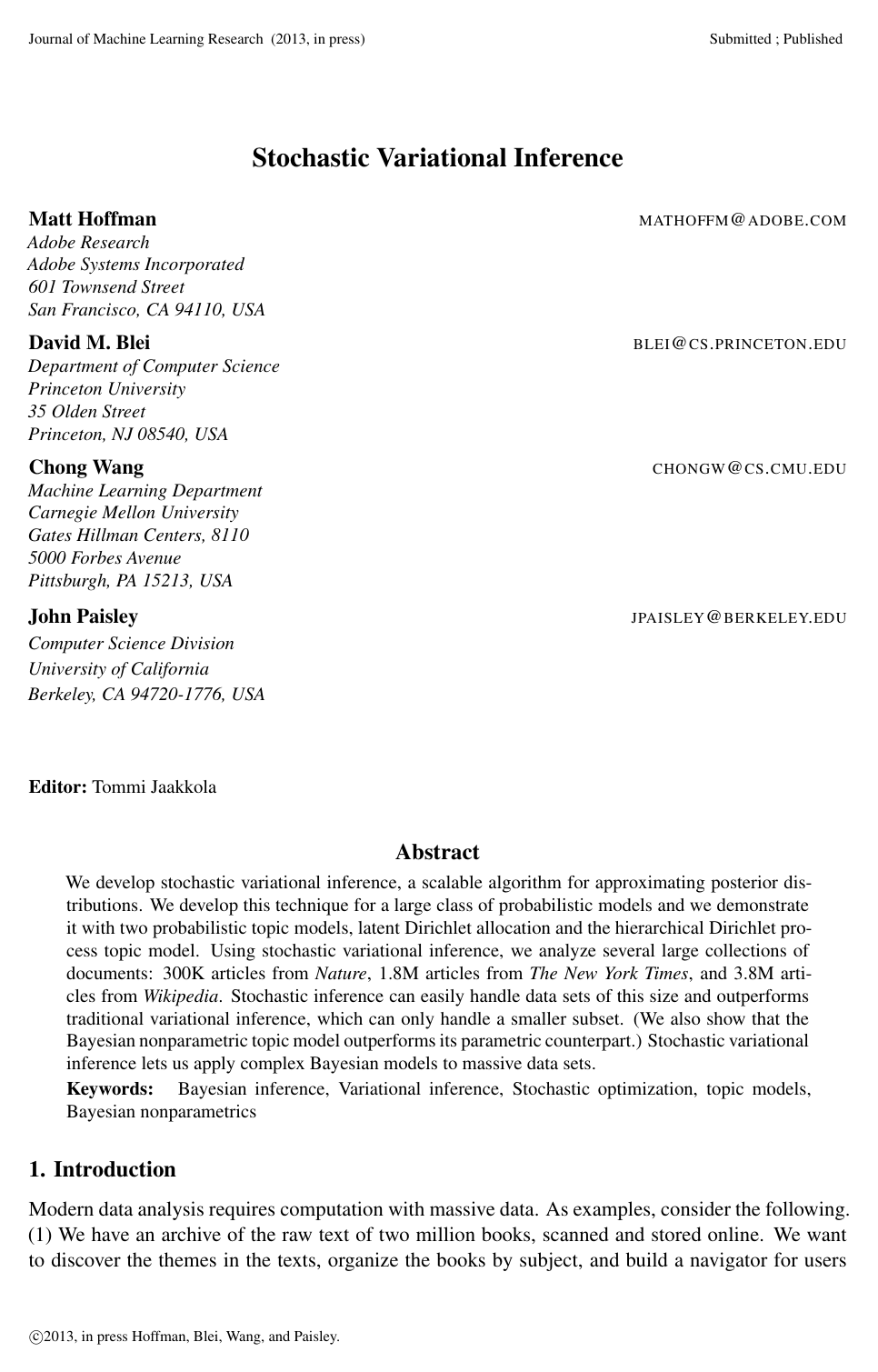 Cover for Stochastic variational inference