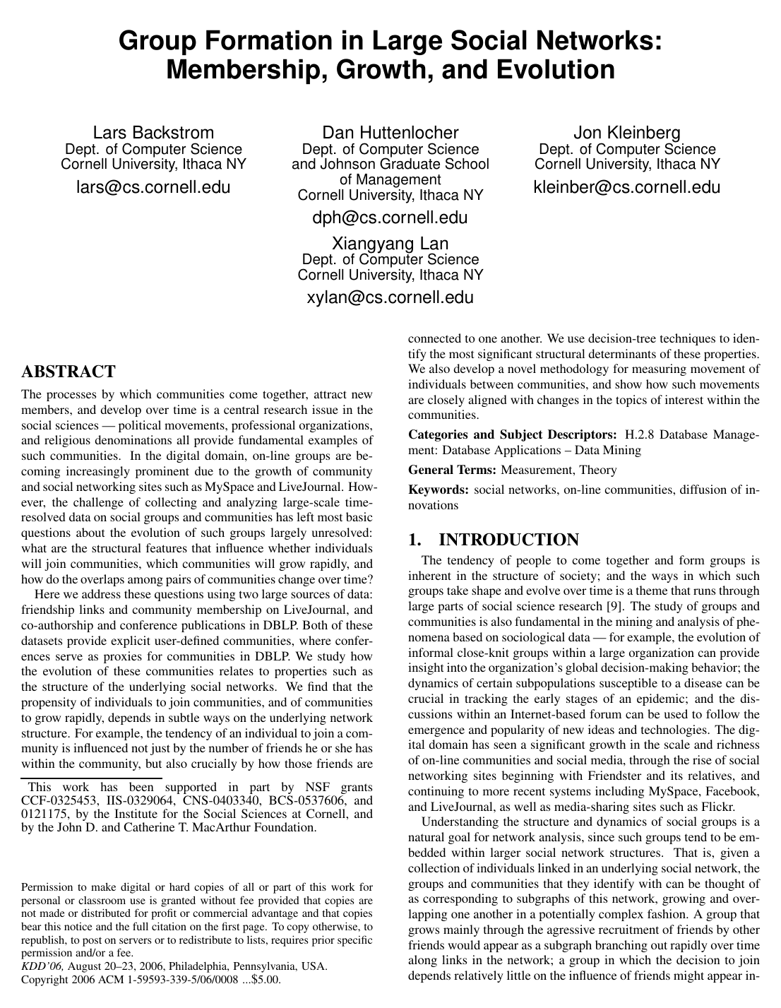 Group formation in large social networks: membership, growth, and evolution
