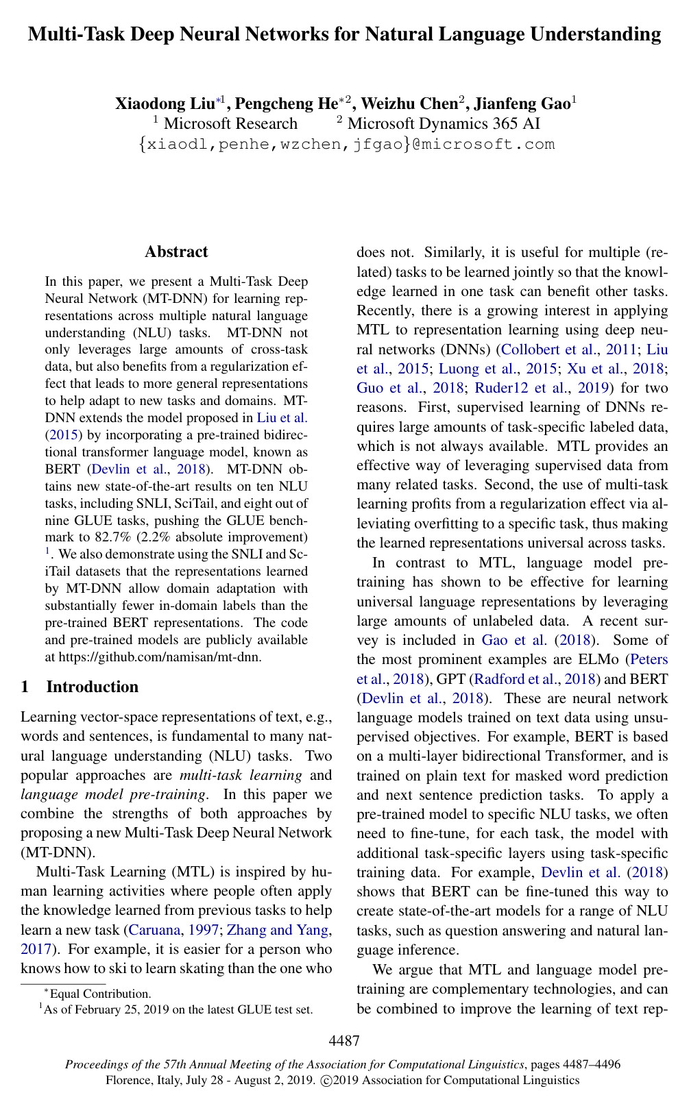 Cover for Multi-Task Deep Neural Networks for Natural Language Understanding