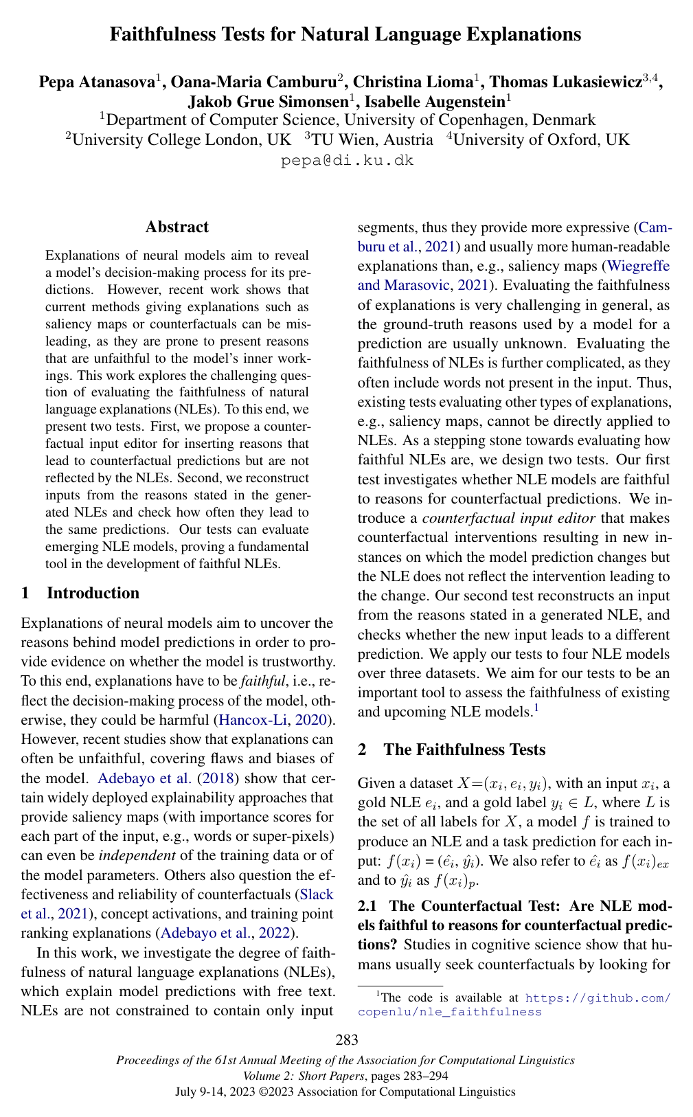 Cover for Faithfulness Tests for Natural Language Explanations