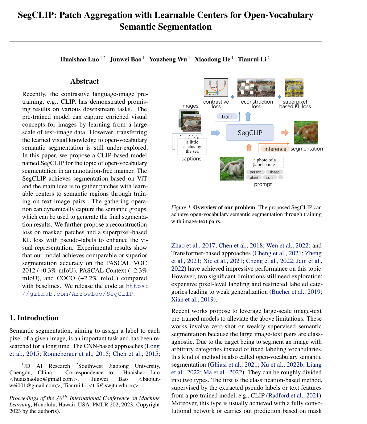 SegCLIP: Patch Aggregation with Learnable Centers for Open-Vocabulary Semantic Segmentation