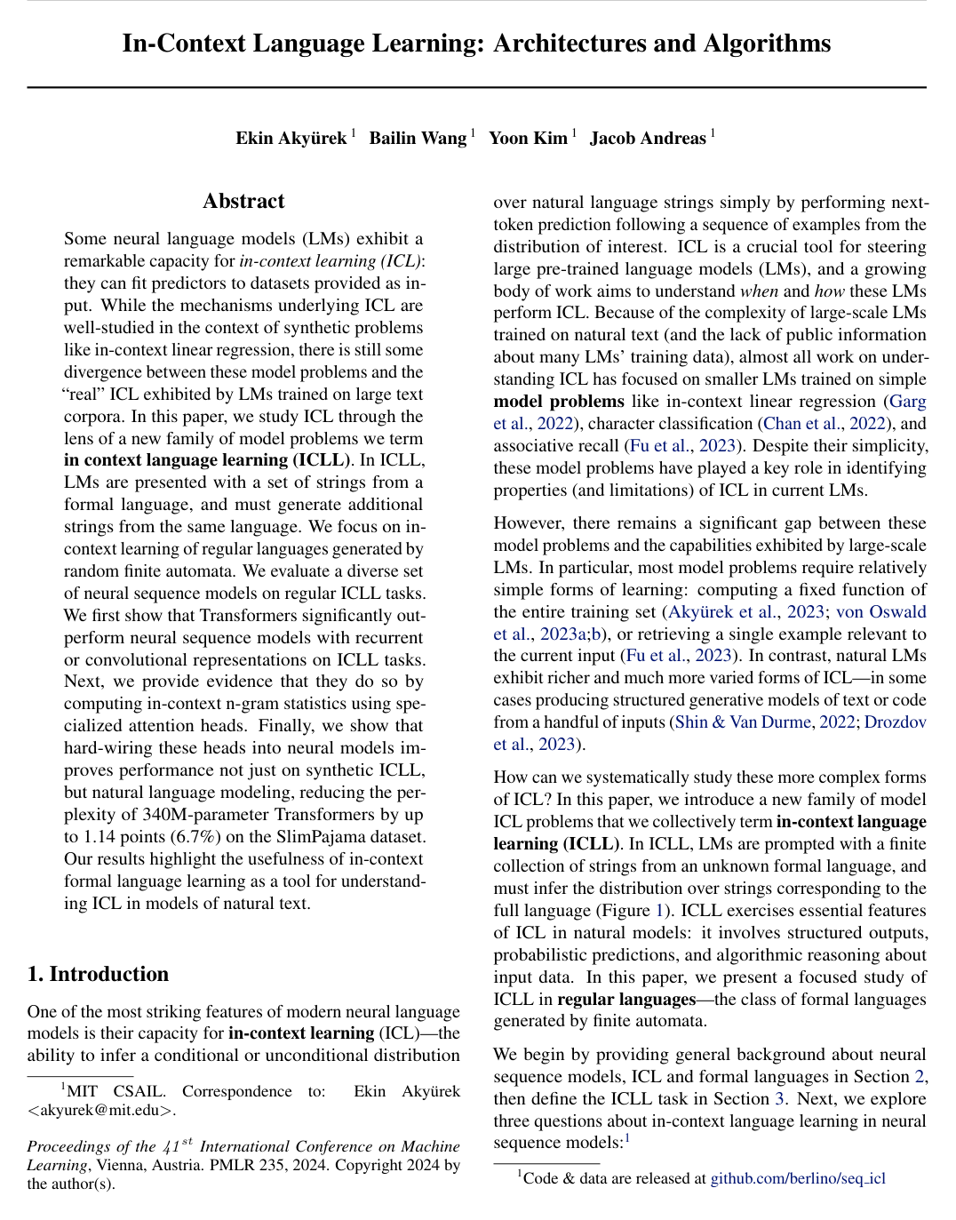 Cover for In-Context Language Learning: Architectures and Algorithms