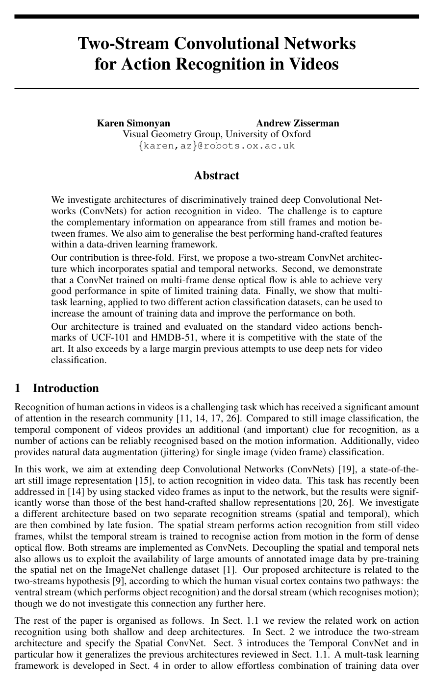 Two-Stream Convolutional Networks for Action Recognition in Videos