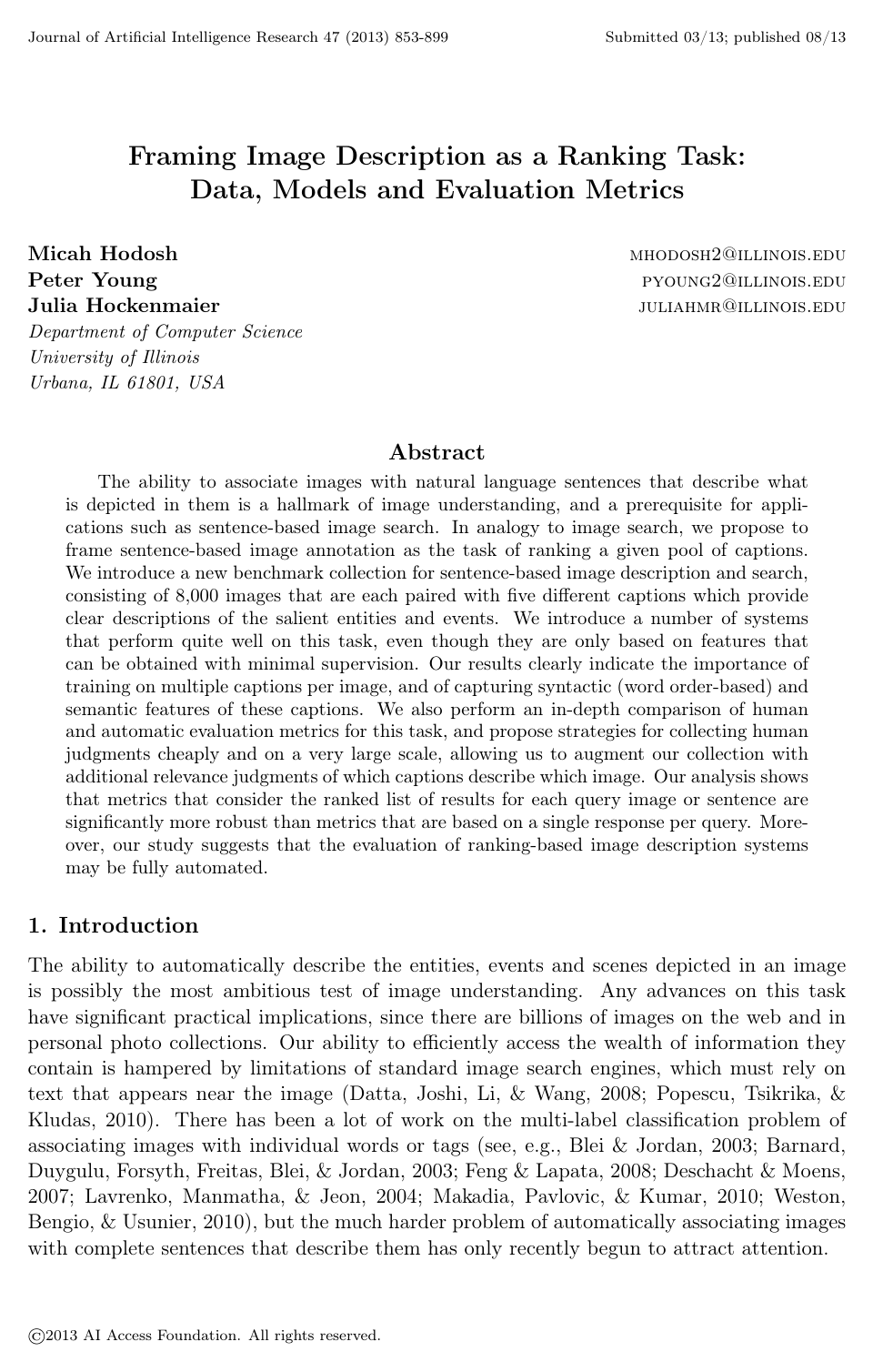 Cover for Framing Image Description as a Ranking Task: Data, Models and Evaluation Metrics