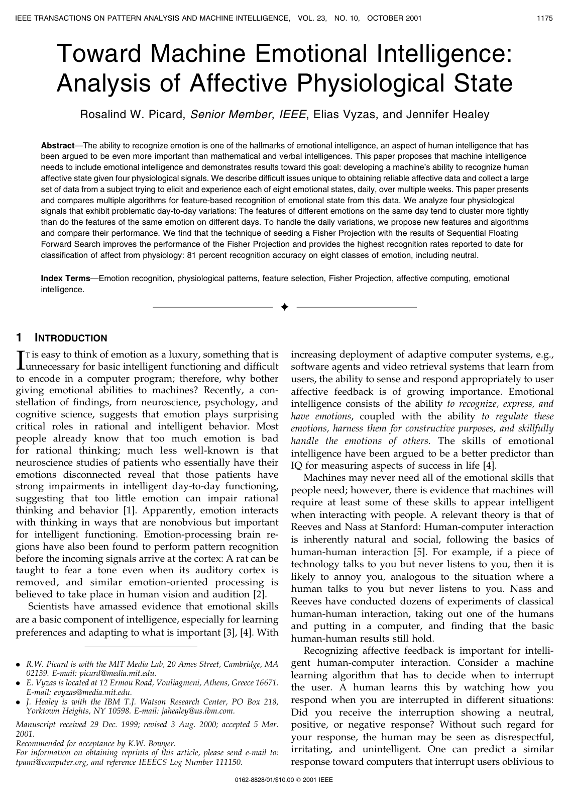 Cover for Toward Machine Emotional Intelligence: Analysis of Affective Physiological State