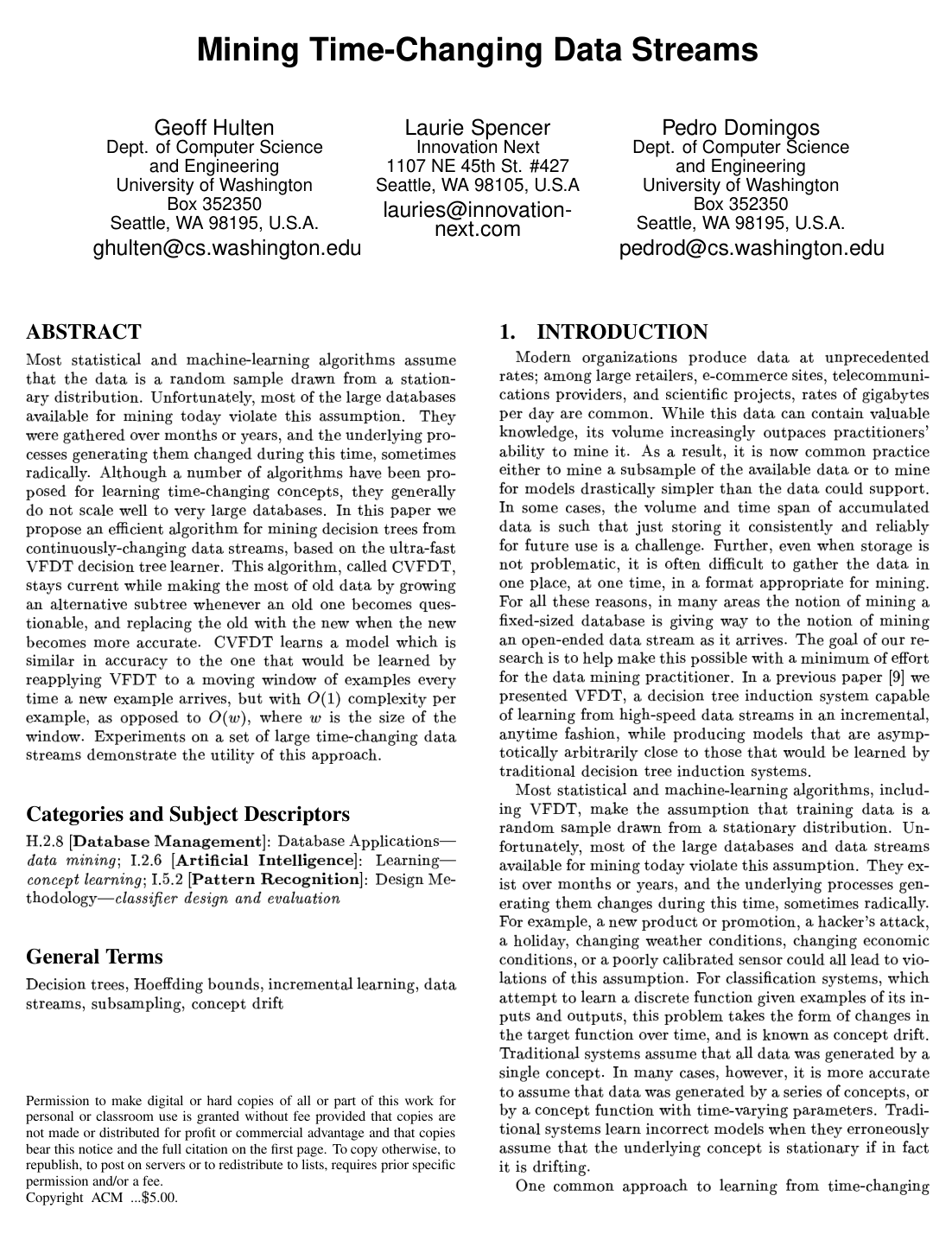 Cover for Mining time-changing data streams