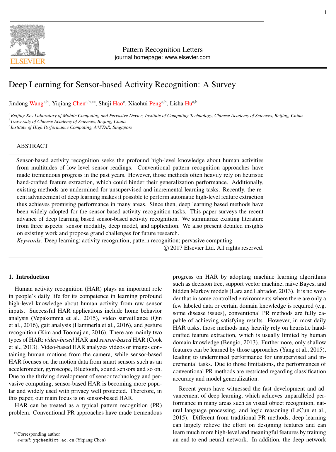 Cover for Deep Learning for Sensor-based Activity Recognition: A Survey