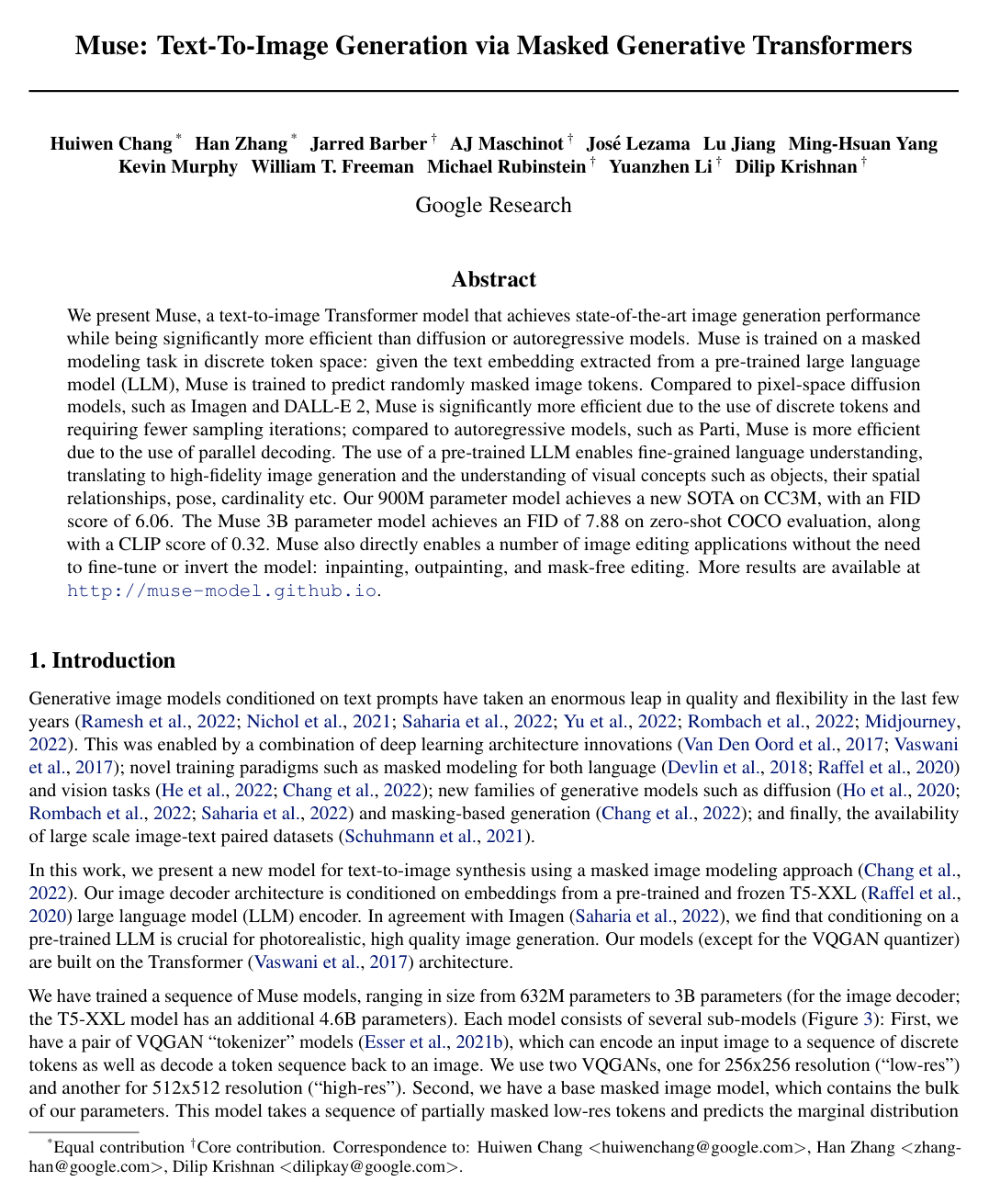 Muse: Text-To-Image Generation via Masked Generative Transformers