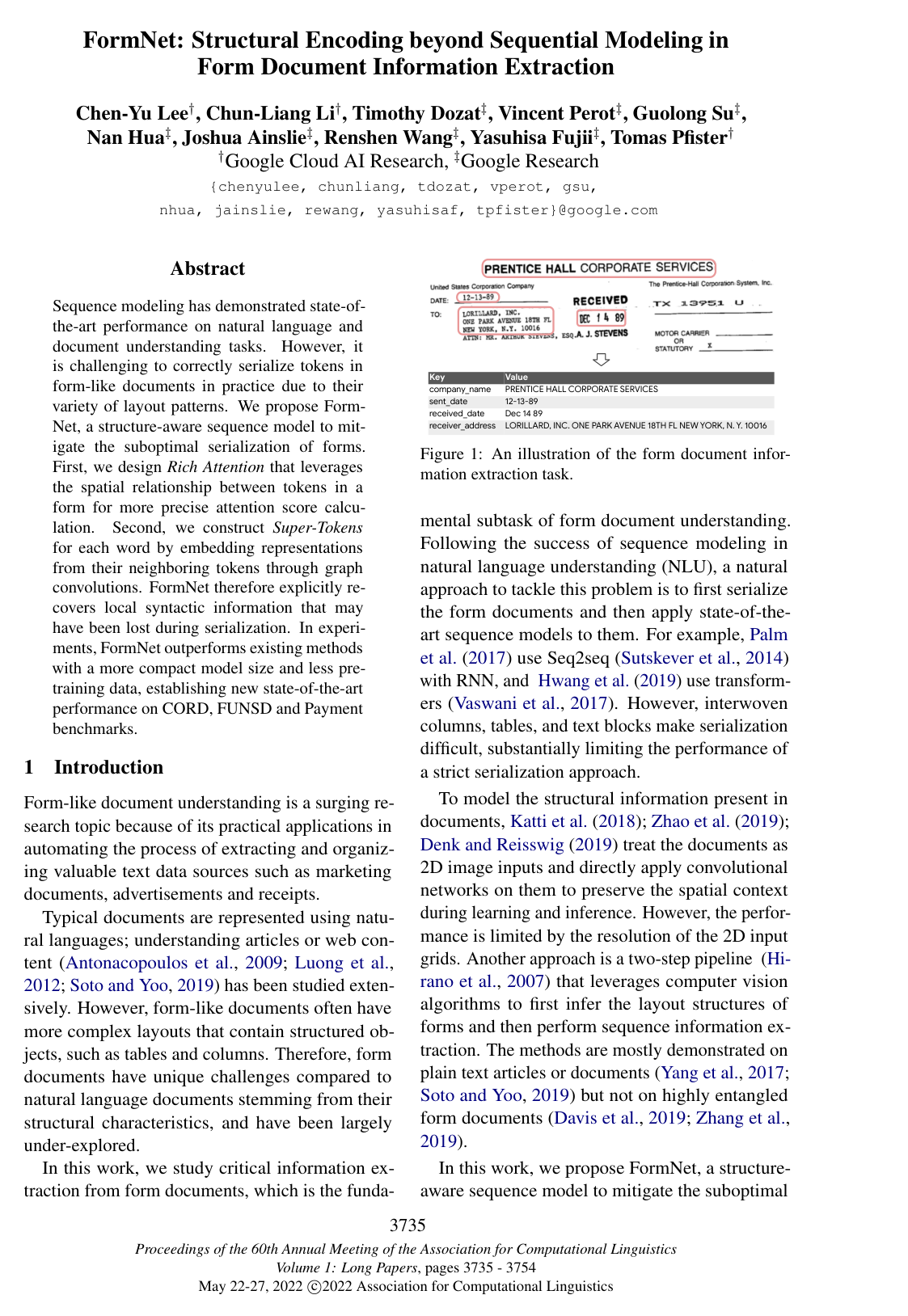 Cover for FormNet: Structural Encoding beyond Sequential Modeling in Form Document Information Extraction