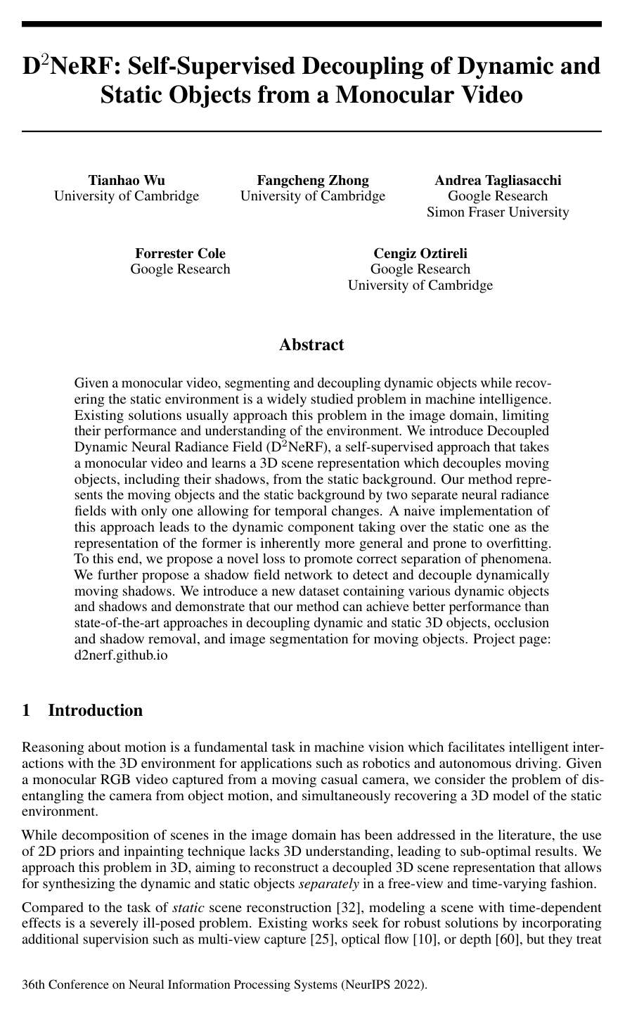Cover for D2NeRF: Self-Supervised Decoupling of Dynamic and Static Objects from a Monocular Video