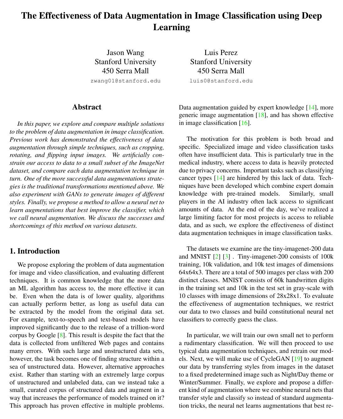 Cover for The Effectiveness of Data Augmentation in Image Classification using Deep Learning