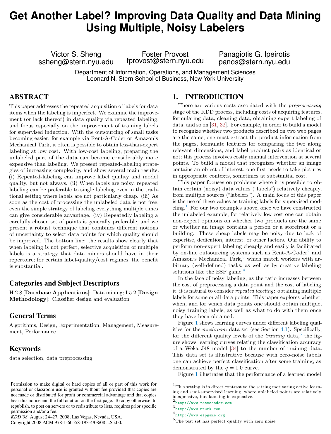 Cover for Get another label? improving data quality and data mining using multiple, noisy labelers