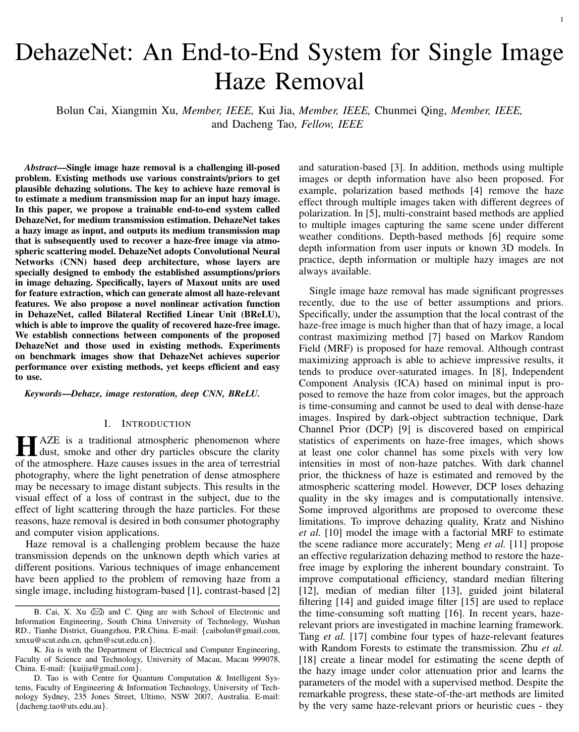 Cover for DehazeNet: An End-to-End System for Single Image Haze Removal