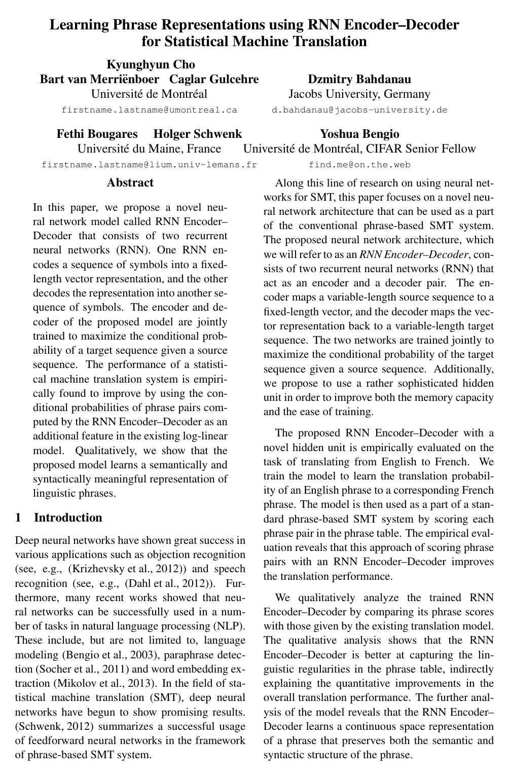 Learning Phrase Representations using RNN Encoder–Decoder for Statistical Machine Translation