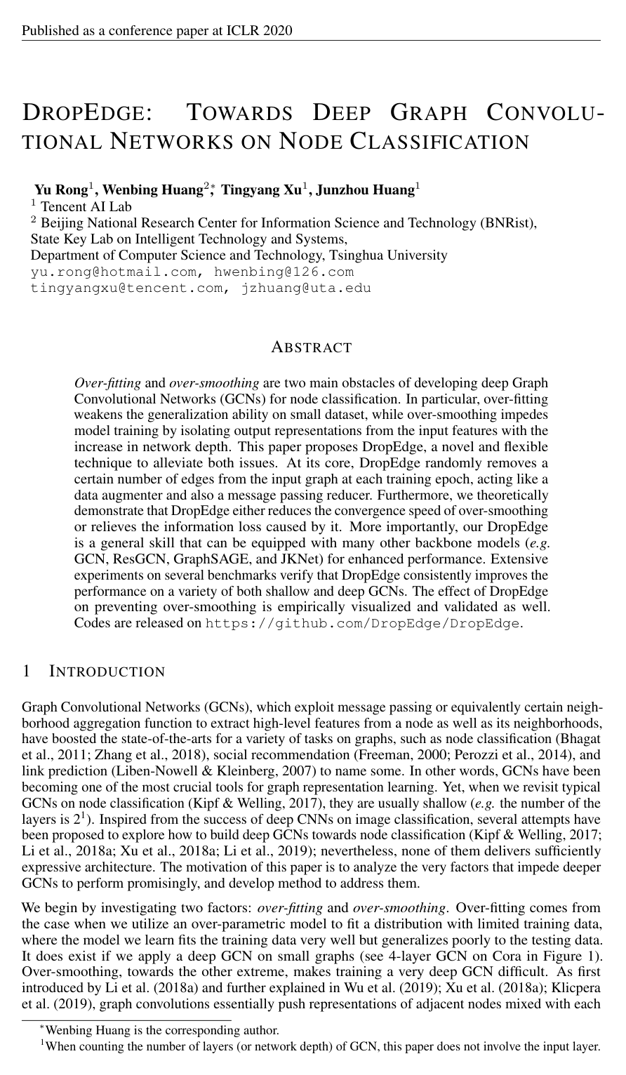 Cover for DropEdge: Towards Deep Graph Convolutional Networks on Node Classification