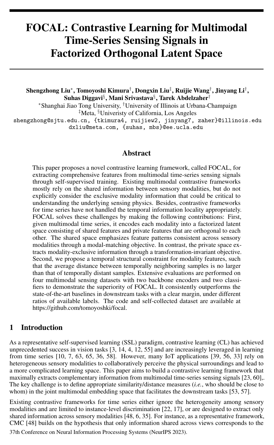 FOCAL: Contrastive Learning for Multimodal Time-Series Sensing Signals in Factorized Orthogonal Latent Space