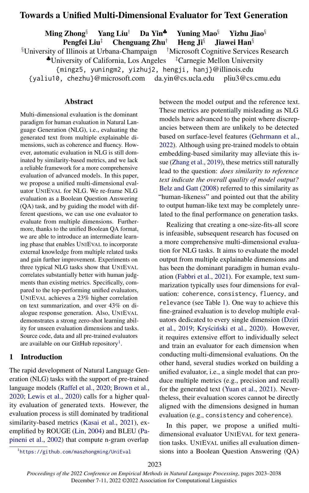 Towards a Unified Multi-Dimensional Evaluator for Text Generation