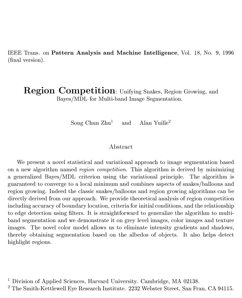 Region Competition: Unifying Snakes, Region Growing, and Bayes/MDL for Multiband Image Segmentation