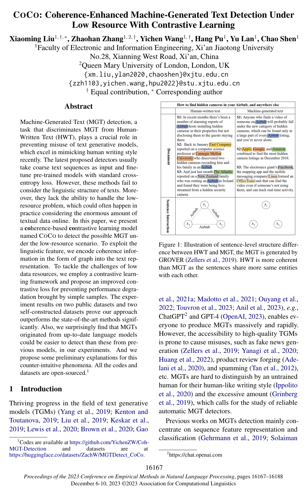 CoCo: Coherence-Enhanced Machine-Generated Text Detection Under Low Resource With Contrastive Learning