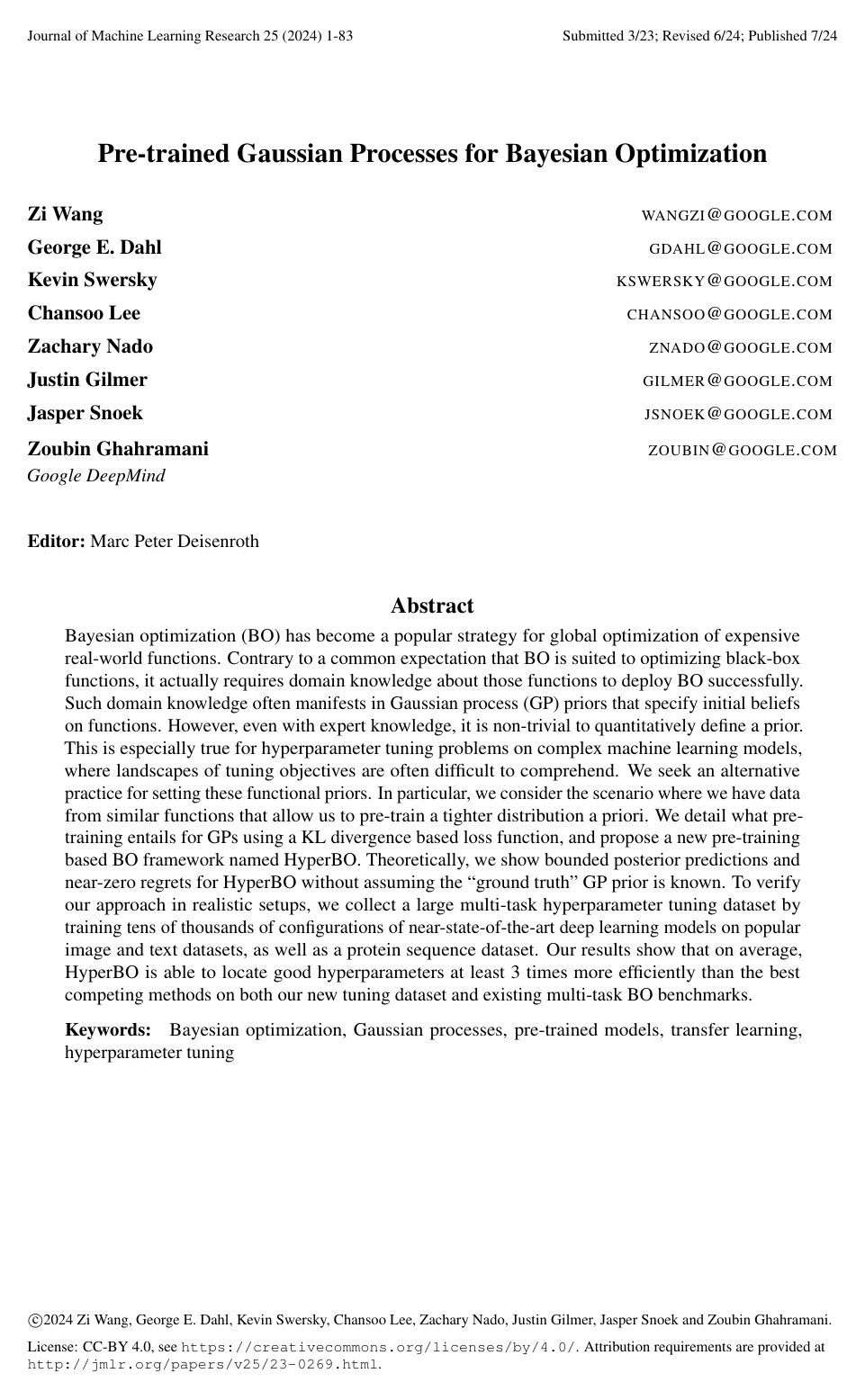 Pre-trained Gaussian Processes for Bayesian Optimization