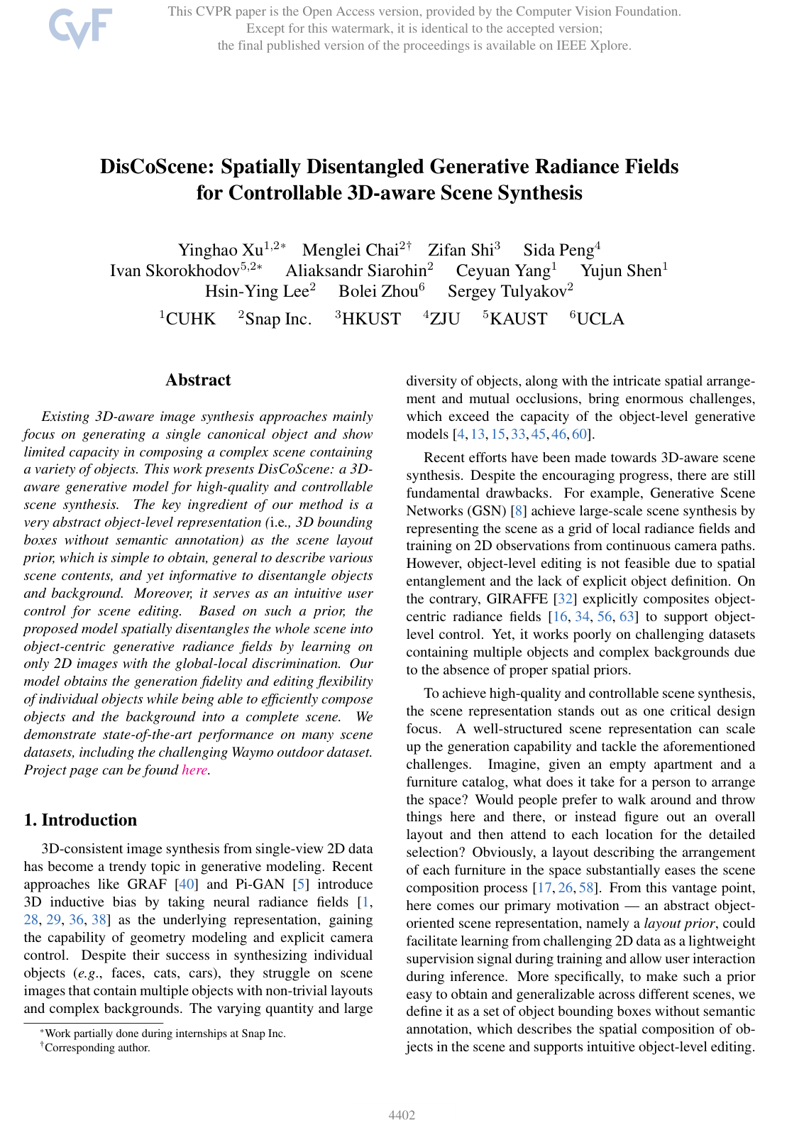 Cover for DisCoScene: Spatially Disentangled Generative Radiance Fields for Controllable 3D-aware Scene Synthesis