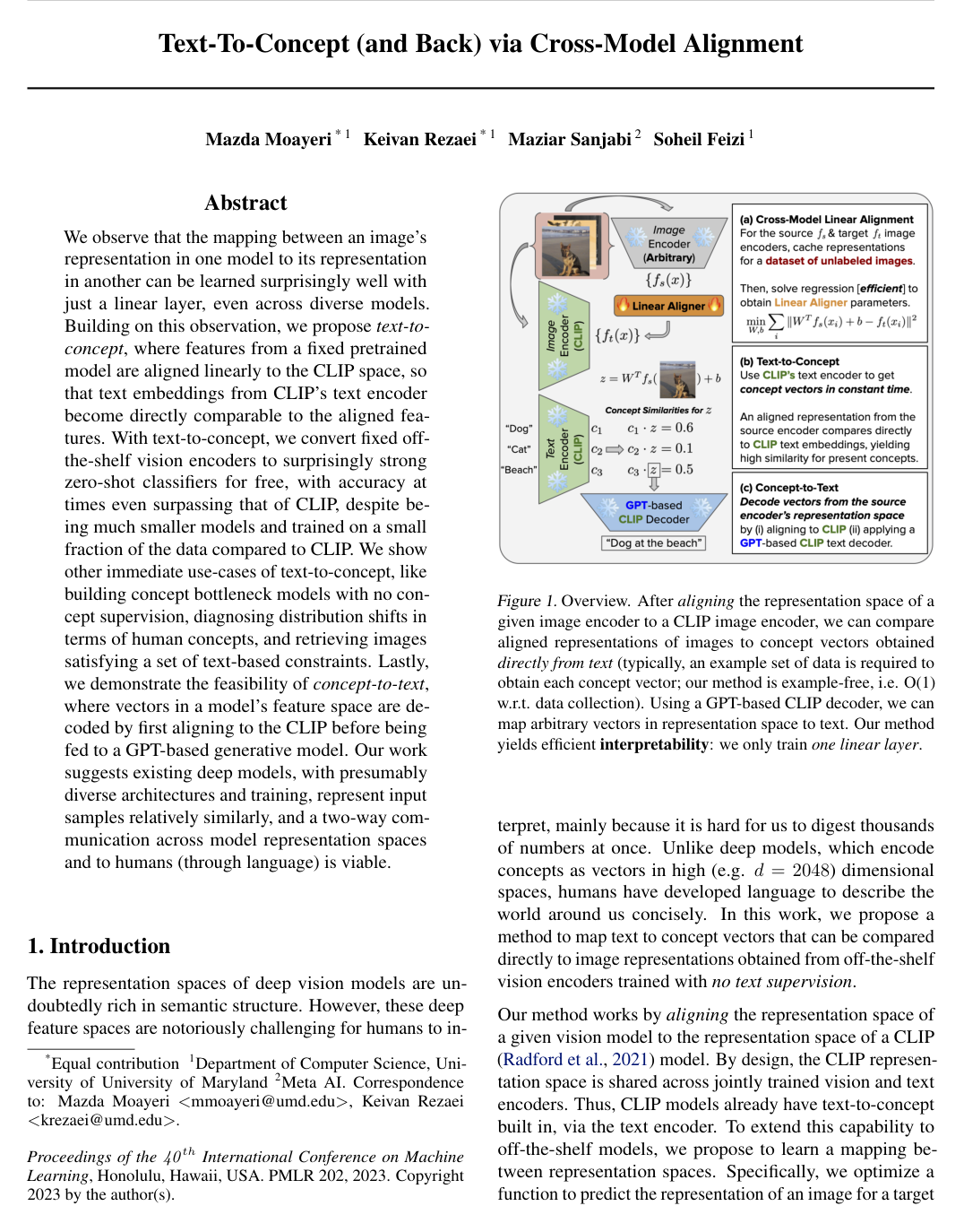 Text-To-Concept (and Back) via Cross-Model Alignment