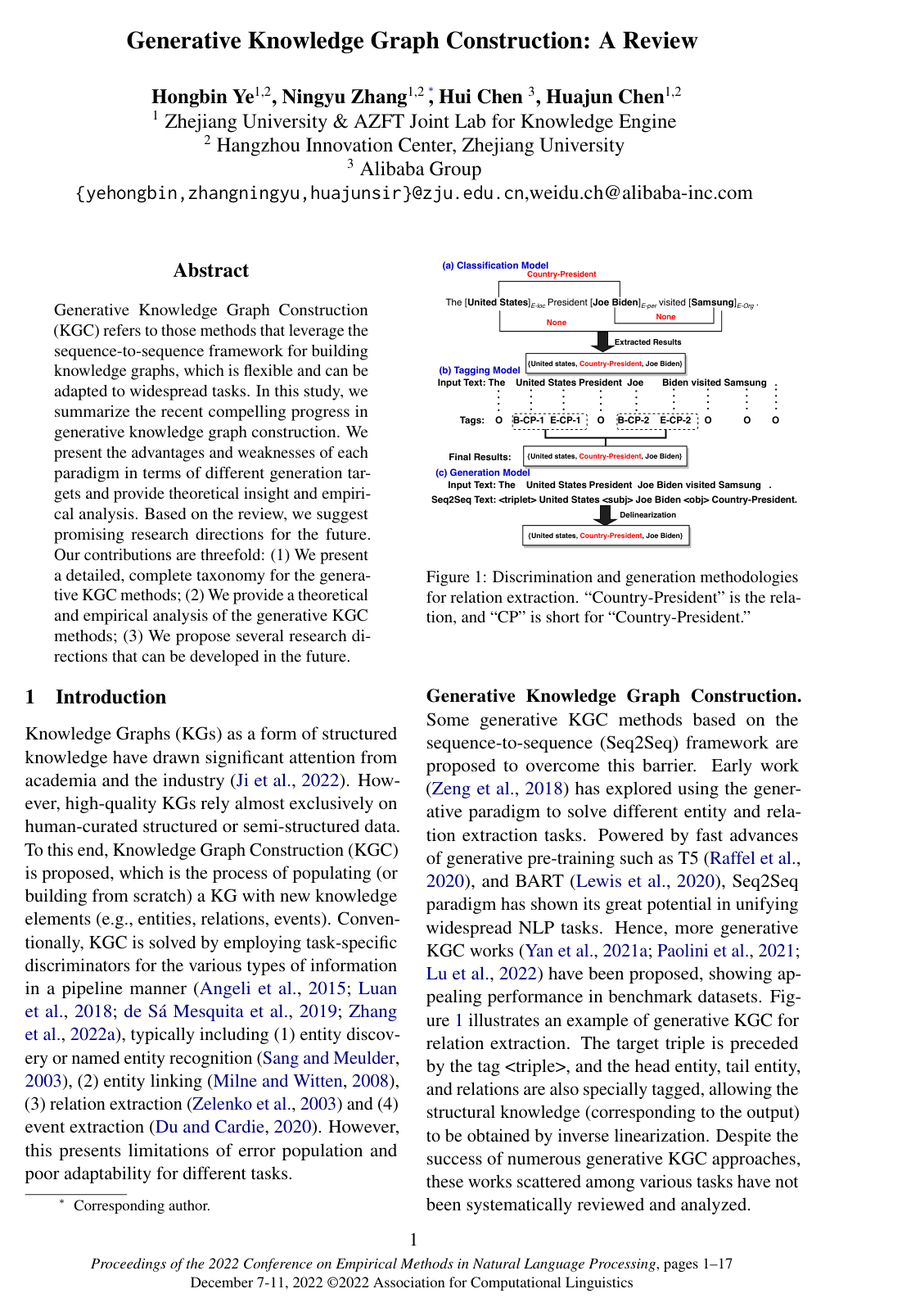 Generative Knowledge Graph Construction: A Review