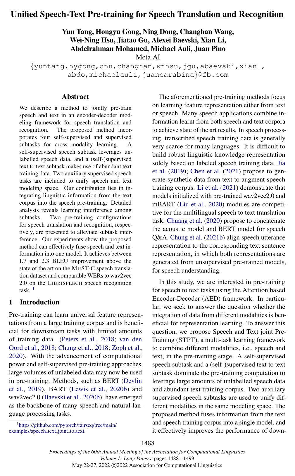 Unified Speech-Text Pre-training for Speech Translation and Recognition