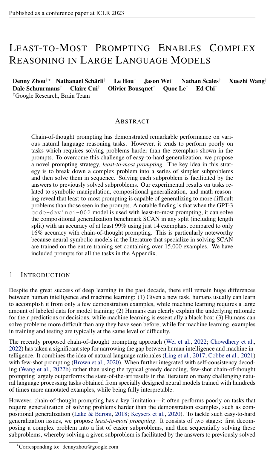 Least-to-Most Prompting Enables Complex Reasoning in Large Language Models
