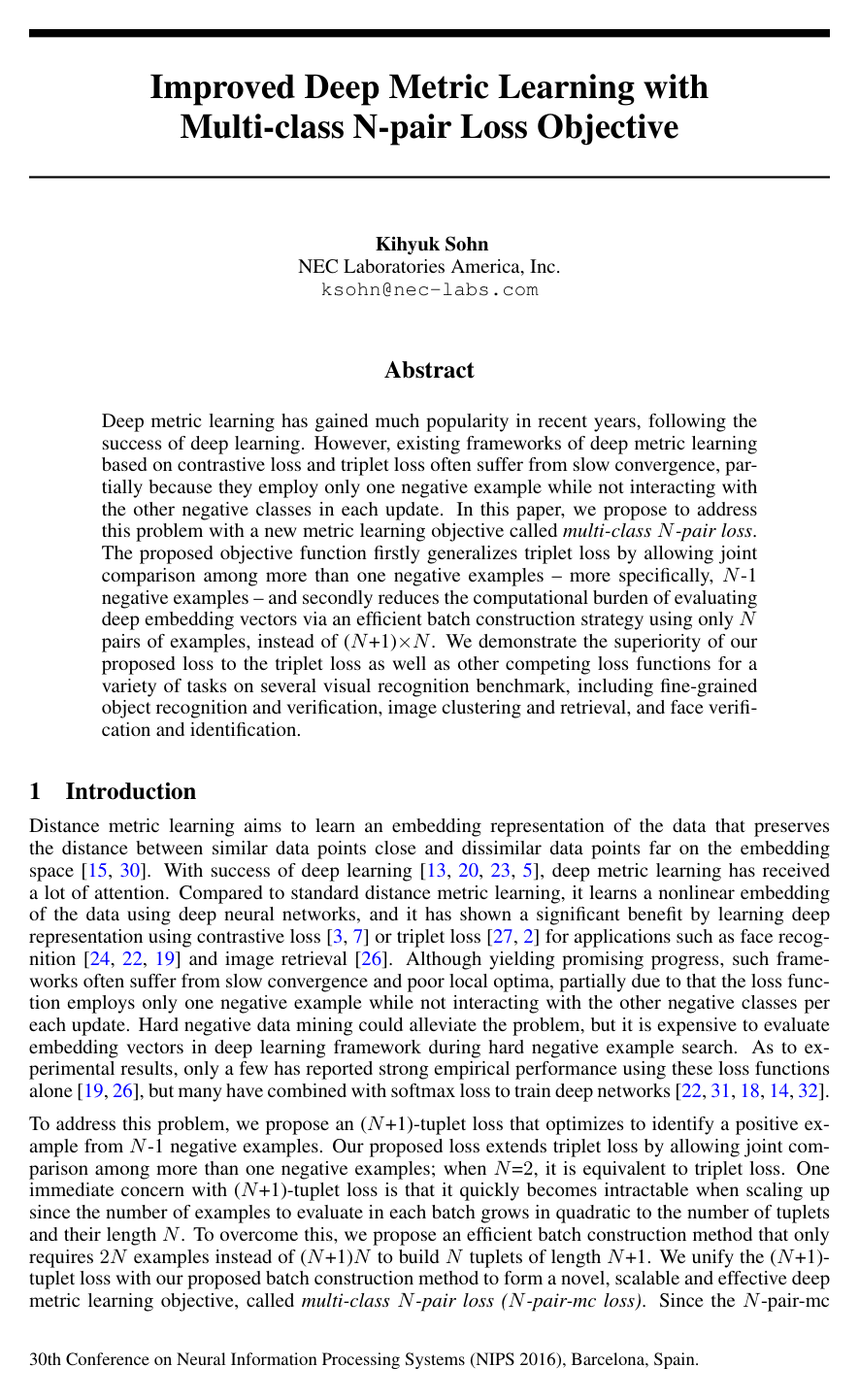 Cover for Improved Deep Metric Learning with Multi-class N-pair Loss Objective