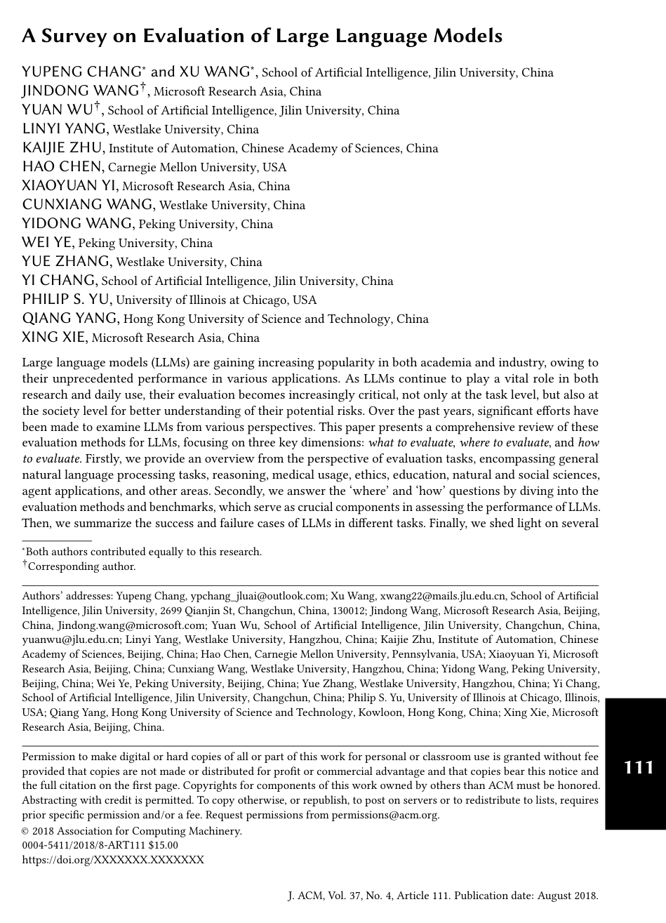 A Survey on Evaluation of Large Language Models