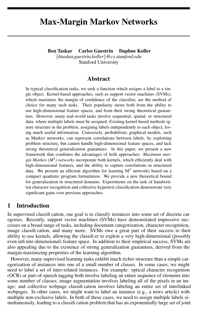Cover for Max-Margin Markov Networks