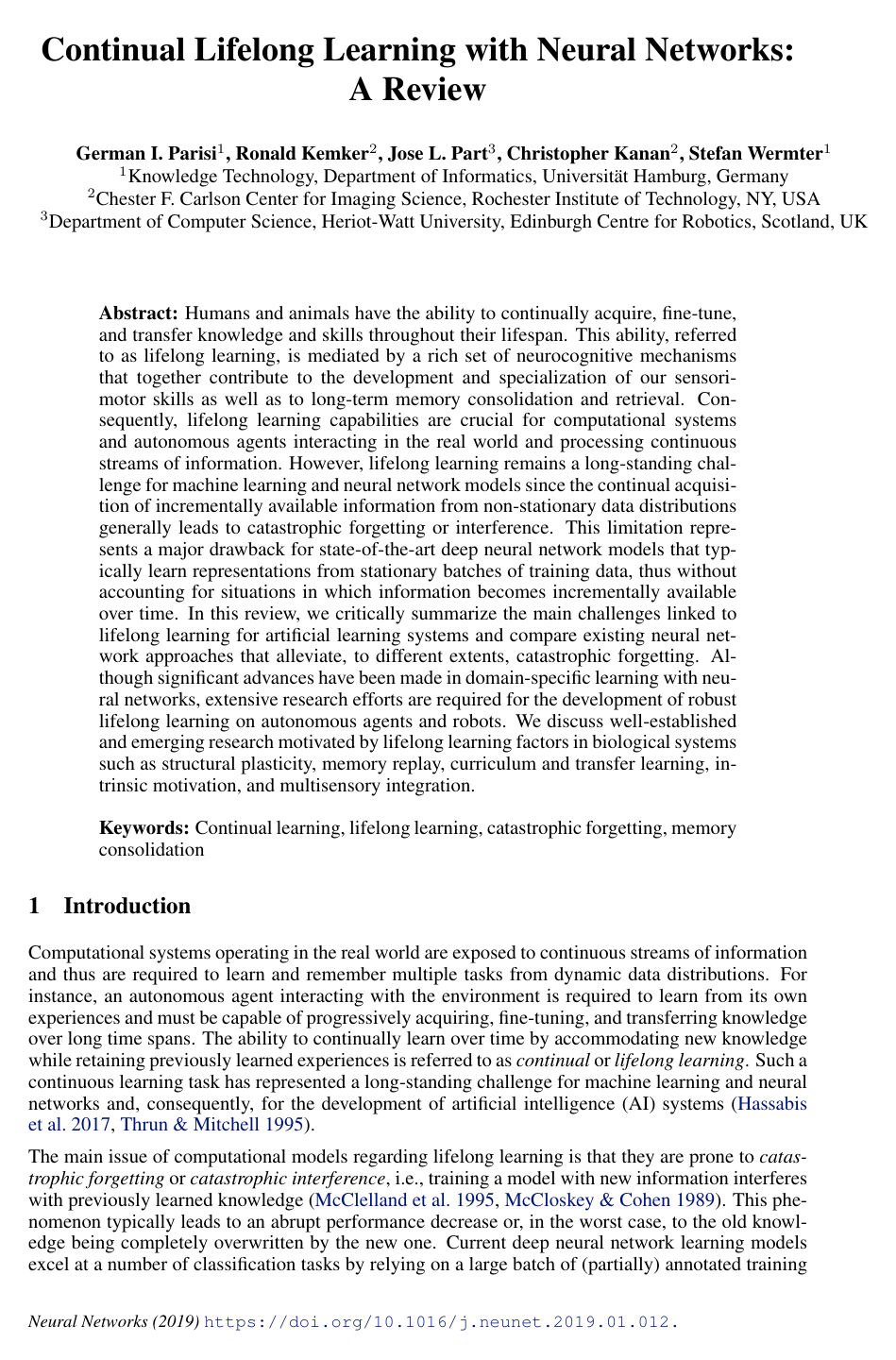 Continual Lifelong Learning with Neural Networks: A Review