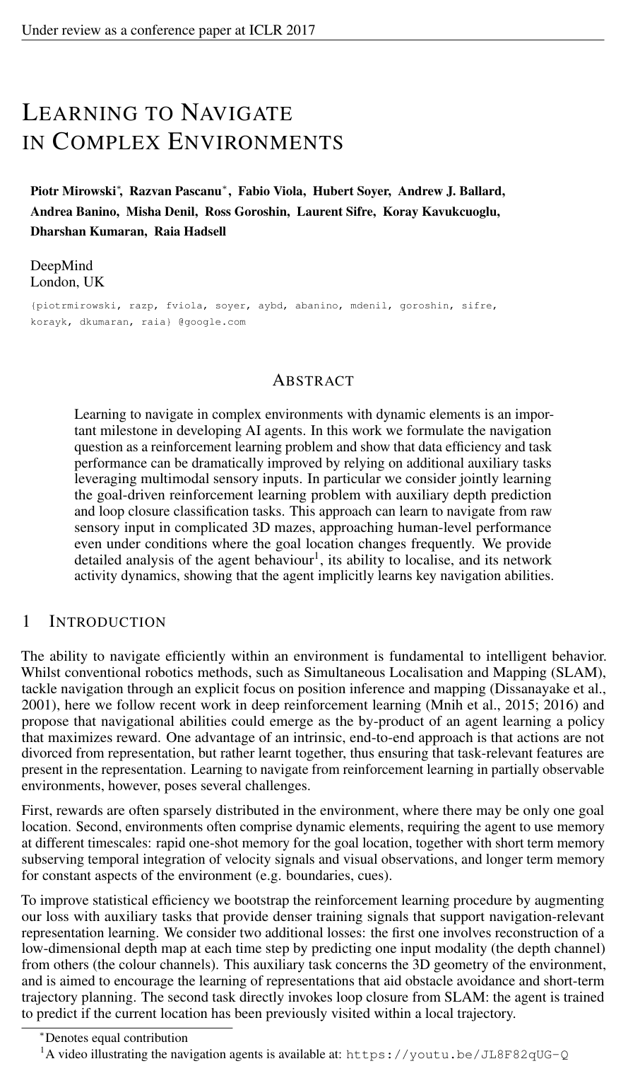 Learning to Navigate in Complex Environments