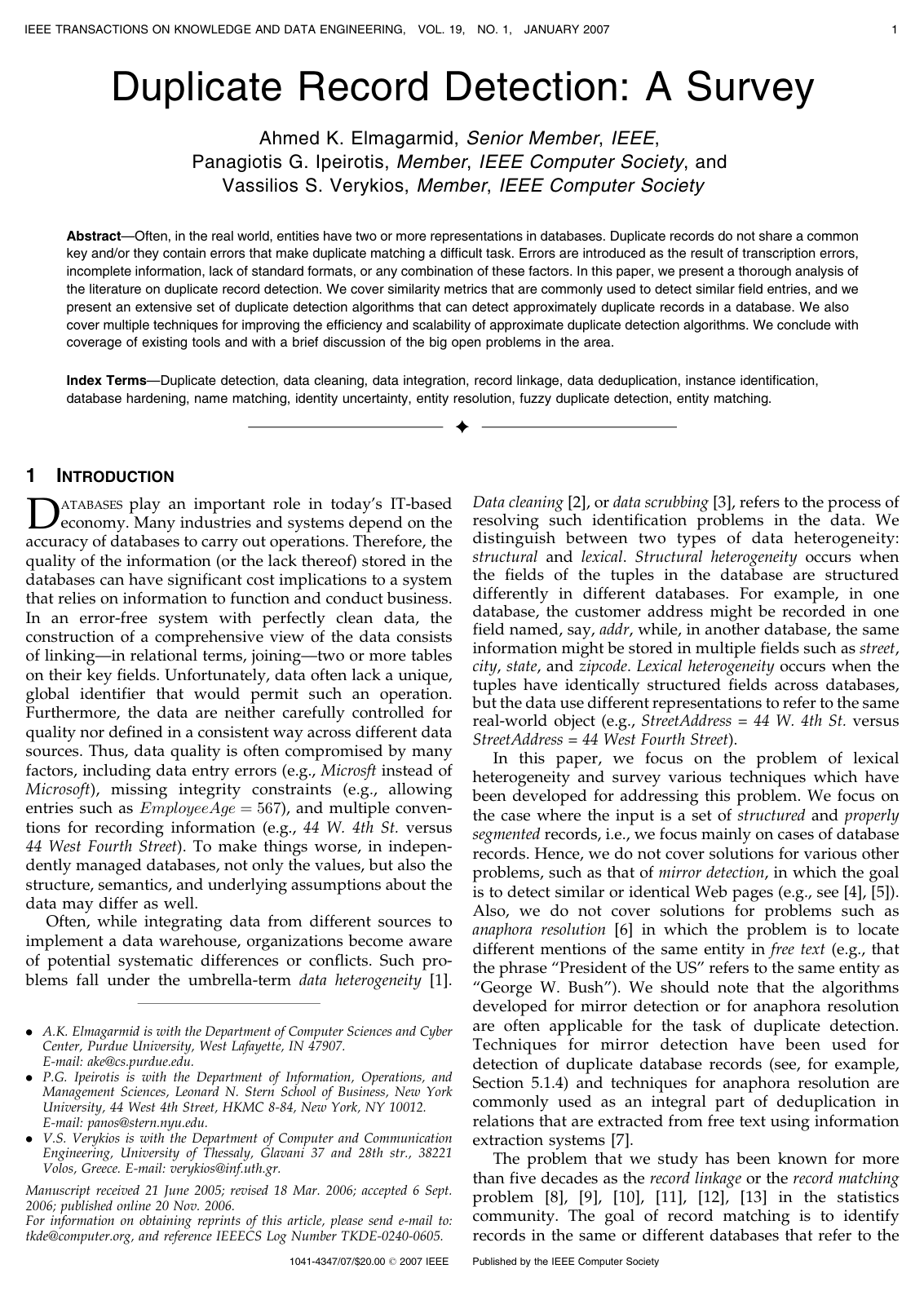 Cover for Duplicate Record Detection: A Survey