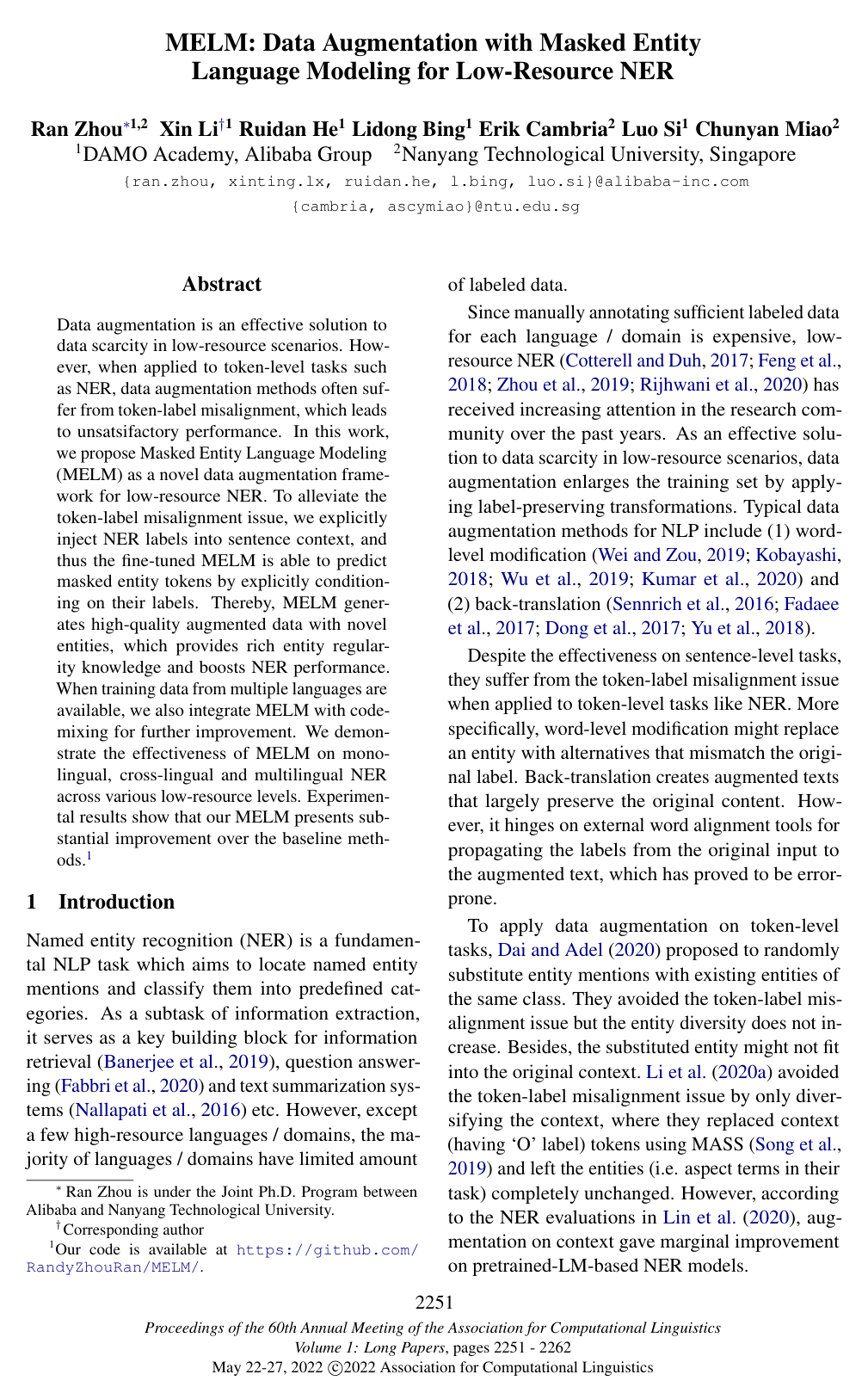 Cover for MELM: Data Augmentation with Masked Entity Language Modeling for Low-Resource NER