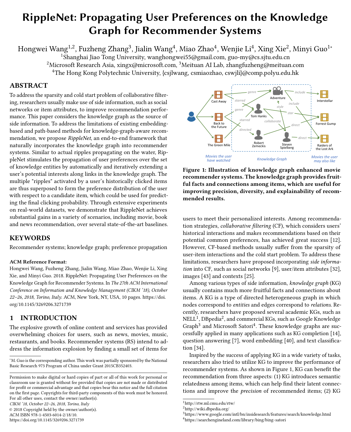 RippleNet: Propagating user preferences on the knowledge graph for recommender systems